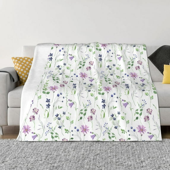 Uemuo Watercolor Wildflower Printed Throw Blanket for Couch, Fluffy Fuzzy Blankets for Bed, Sofa, Cozy Flannel Faux Fur Blanket-50"x40"