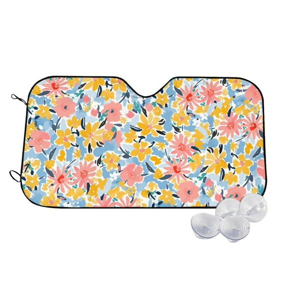Uemuo Watercolor Wildflowers Pattern Accordion Car Windshield Sun Shade, Foldable Reflective Sun Visor for Car, Reflector Windshield Sunshade-Small