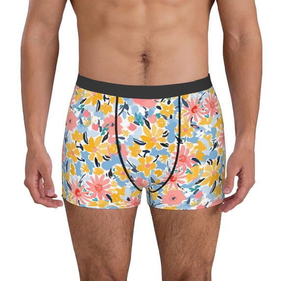 Uemuo Watercolor Wildflowers Pattern Men's Boxer Briefs,Trunk Anti-Chafing,Comfortable, Durable, and Stylish Underwear-Large