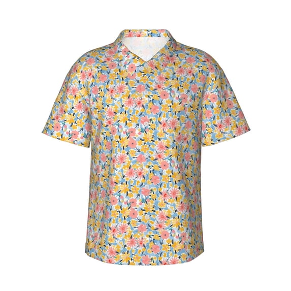 Uemuo Watercolor Wildflowers Printed Regular Fit Short Sleeve Casual Hawaiian Shirt for Men,Aloha shirt,Tropical shirt,Floral print shirt,Vacation Beach shirt-Small