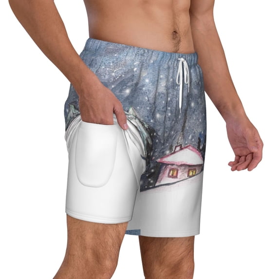 Uemuo Watercolor Winter Landscape For Christmas Pattern Mens Swim Trunks Quick Dry Board Shorts with Mesh Lining, Stretch Beach Shorts Quick Dry No-Chafing Board Shorts-X-Large