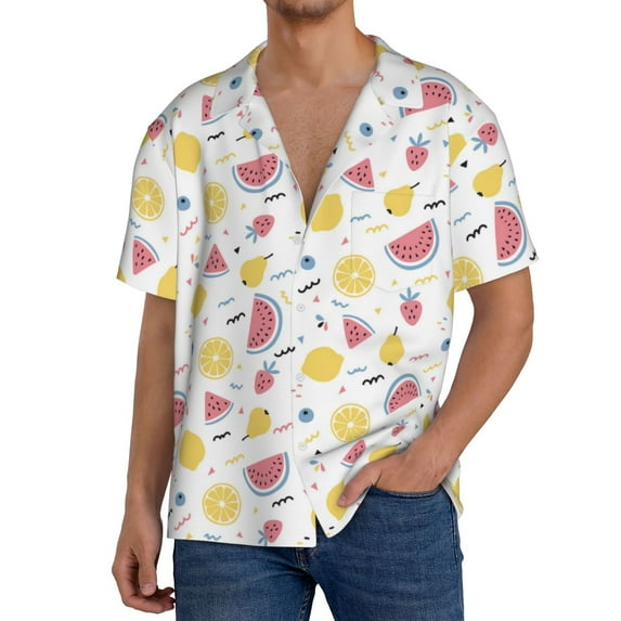 Uemuo Watermelon And Lemon Pattern Cotton Linen Short Sleeve Shirts,Casual Lightweight Button Down Shirts,Vacation Beach Summer Tops-XX-Large