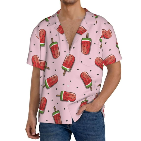 Uemuo Watermelon Ice Cream Pattern Cotton Linen Short Sleeve Shirts,Casual Lightweight Button Down Shirts,Vacation Beach Summer Tops-Small