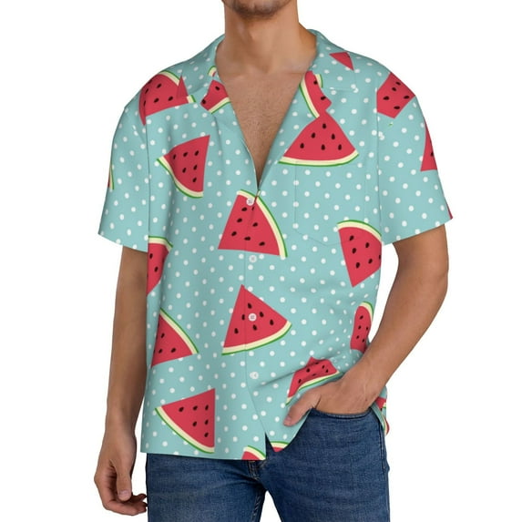 Uemuo Watermelon Pattern Cotton Linen Short Sleeve Shirts,Casual Lightweight Button Down Shirts,Vacation Beach Summer Tops-Medium
