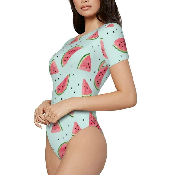 Uemuo Watermelon Pattern Women's One Piece Short Sleeve Swimsuit Rash Guard Surfing Modest Quick-drying Swimsuit Beach Essentials-Medium