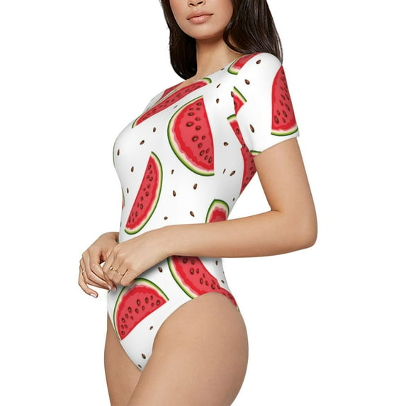 Uemuo Watermelon Pattern Women's One Piece Short Sleeve Swimsuit Rash Guard Surfing Modest Quick-drying Swimsuit Beach Essentials-
