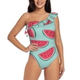 thumbnail image 1 of Uemuo Watermelon Print Women's One Piece Swimsuit Asymmetrical Neck Bathing Suit One Shoulder Side Cutout Ruffle Swimwear-Medium, 1 of 6