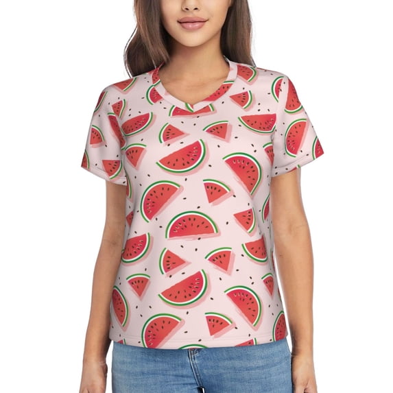Uemuo Watermelon Printed Women's Classic V-Neck T-Shirt - Soft, Breathable, Moisture-Wicking, Perfect for Casual, Office, Travel, and Everyday Wear-XX-Large