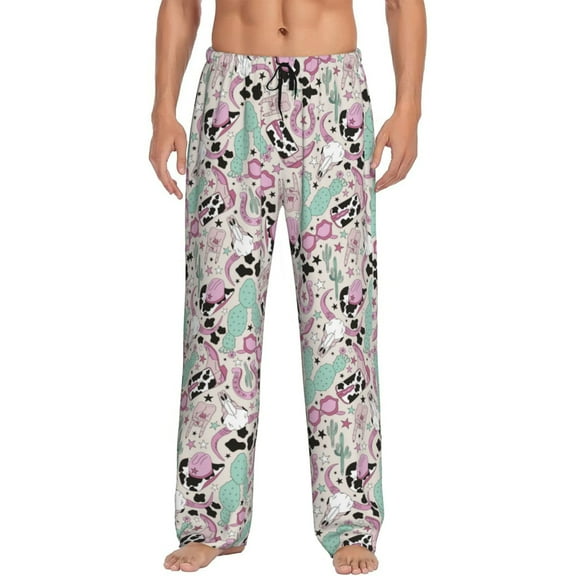 Uemuo West Cowgirl Disco Pattern Men's Wide Leg Palazzo Lounge Pants with Pockets Light Weight Loose Comfy Casual Pajama Pants-