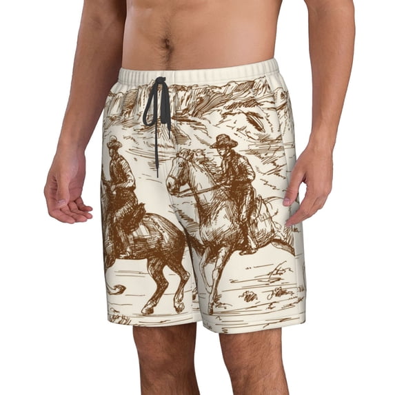 Uemuo Western Desert Cowboys1 Pattern Men's Swim Trunks Hawaiian Beach Bathing Suit Swimsuits Beach Quick-Dry Shorts with Pockets-3X-Large