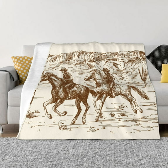 Uemuo Western Desert Cowboys1 Printed Throw Blanket for Couch, Fluffy Fuzzy Blankets for Bed, Sofa, Cozy Flannel Faux Fur Blanket-40"x30"