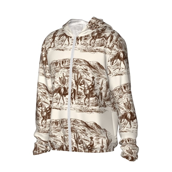 Uemuo Western Desert Cowboys2 Pattern Women's Full Zip UPF 50+ Sun Protection Hoodie Jacket Long Sleeve Sun Shirt Hiking Outdoor Performance with Pockets-X-Large