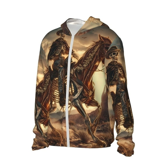 Uemuo Western Skeleton Cowboy Horse Pattern Women's Full Zip UPF 50+ Sun Protection Hoodie Jacket Long Sleeve Sun Shirt Hiking Outdoor Performance with Pockets-X-Large