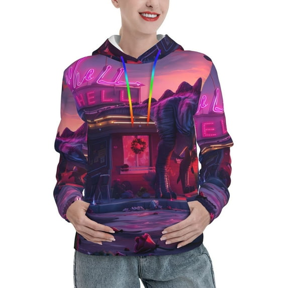 Uemuo Western Style Dinosaur Pattern Women's Hoodie with Eye-catching Drawstrings- Casual Pullover Hoodie with Kangaroo Pocket, Stylish Hooded Sweatshirt-X-Large