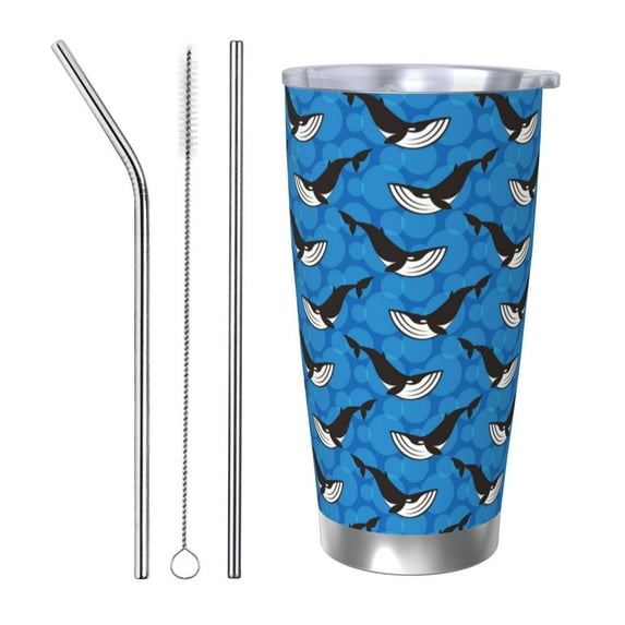 Uemuo Whale And Sea Print Travel Coffee Mug ,20oz Double-walled Car Cup ,Stainless Steel Insulated Tumbler Leak-proof Travel Cup Reusable Straw Car Cup-Straw Three-piece Set
