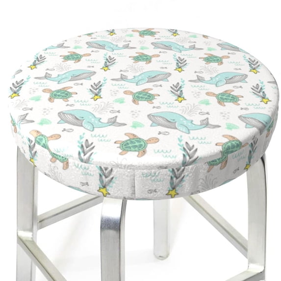 Uemuo Whale And Turtle Pattern Round Bar Stool Seat Covers Washable Stool Cushion Slipcover Elastic Bar Chair Covers-13 inch