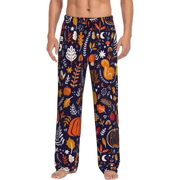 Uemuo Whimsical Autumn Forest Pattern Men's Wide Leg Palazzo Lounge Pants with Pockets Light Weight Loose Comfy Casual Pajama Pants-Medium