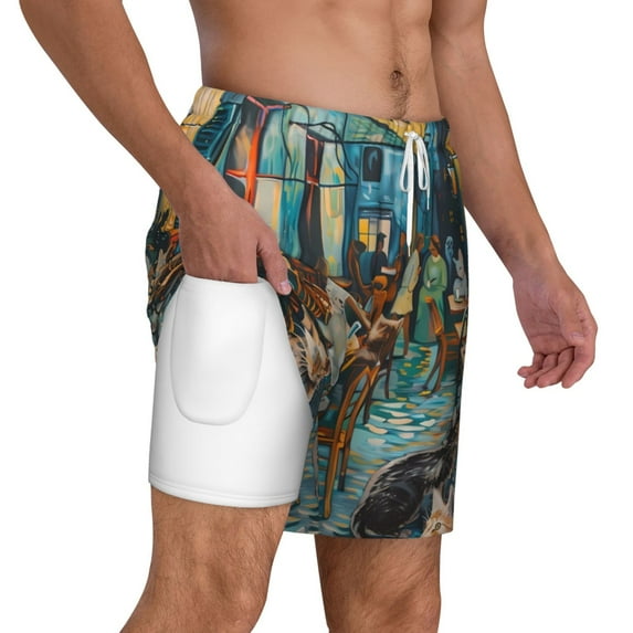 Uemuo Whimsical Cats Night Cafe Pattern Mens Swim Trunks Quick Dry Board Shorts with Mesh Lining, Stretch Beach Shorts Quick Dry No-Chafing Board Shorts-Small