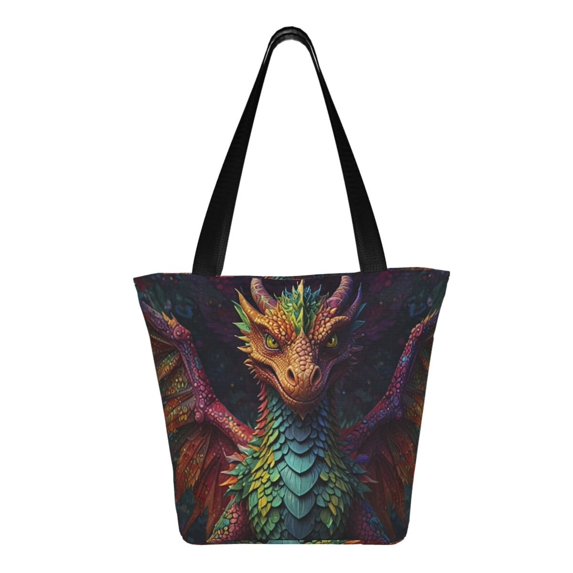 Uemuo Whimsical Dragon Color Cool Print Tote Bags for Women,Large Capacity Corduroy Bag,Reusable Grocery Shoulder Bag,Beach Tote with Zipper Closure, Daily Essentials