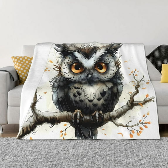 Uemuo Whimsical Owl On Branch Printed Throw Blanket for Couch, Fluffy Fuzzy Blankets for Bed, Sofa, Cozy Flannel Faux Fur Blanket-50"x40"