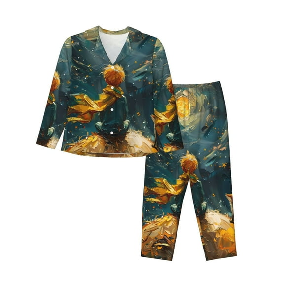 Uemuo Whimsical Starry Night Scene Pattern Womens Pajama Sets,PJ Set for Women,Pajamas for Women Logo,Long Sleeve Pajama Set for Women,Soft Long Sleeve Top With Pants-Medium