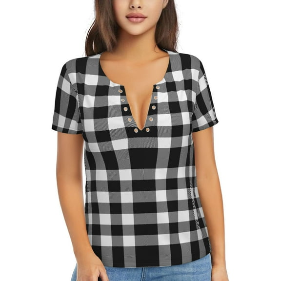 Uemuo White And Black Plaid Drawing Women's Deep V-Neck Low Cut Tops - Casual Loose Fit with Stainless Steel Loop, Soft, Breathable, Perfect for Office, Travel, and Daily Wear-XX-Large