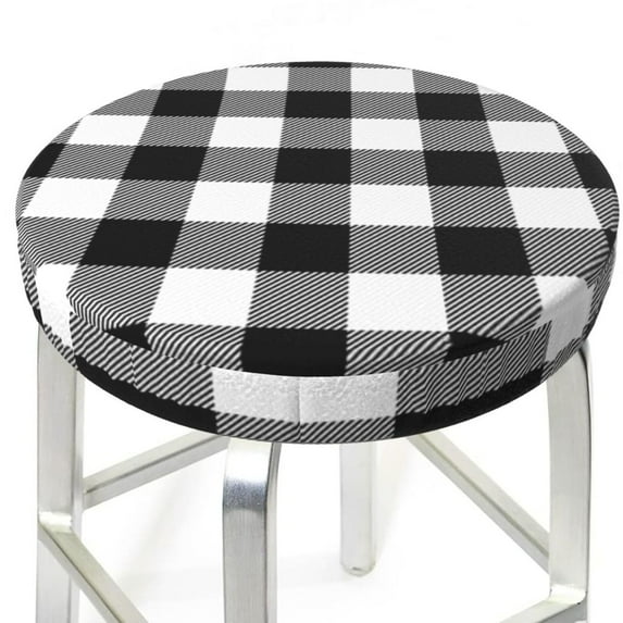 Uemuo White And Black Plaid Pattern Round Bar Stool Seat Covers Washable Stool Cushion Slipcover Elastic Bar Chair Covers-12 inch