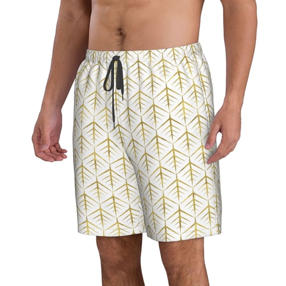 Uemuo White And Gold Geometry Pattern Men's Swim Trunks Hawaiian Beach Bathing Suit Swimsuits Beach Quick-Dry Shorts with Pockets-Small