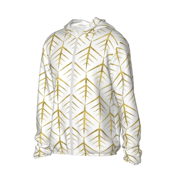 Uemuo White And Gold Geometry Pattern Women's Full Zip UPF 50+ Sun Protection Hoodie Jacket Long Sleeve Sun Shirt Hiking Outdoor Performance with Pockets-XX-Large