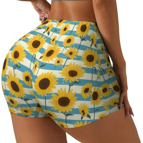 Uemuo White Blue Striped Sunflower Pattern Women Workout Impact Shorts Scrunch Butt Lifting Gym Shorts Seamless Booty Biker Shorts-Large