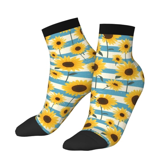 Uemuo White Blue Striped Sunflower Printed Crew Socks, Moisture-Wicking Socks, Athletic Socks for Men Breathable Cushion Socks Casual Sport Socks for Running Traveling
