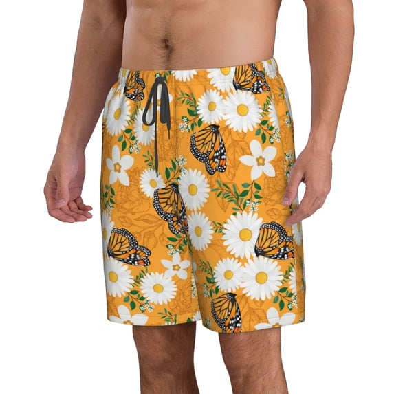 Uemuo White Floral and Butterflies Pattern Men's Swim Trunks Hawaiian Beach Bathing Suit Swimsuits Beach Quick-Dry Shorts with Pockets-XX-Large