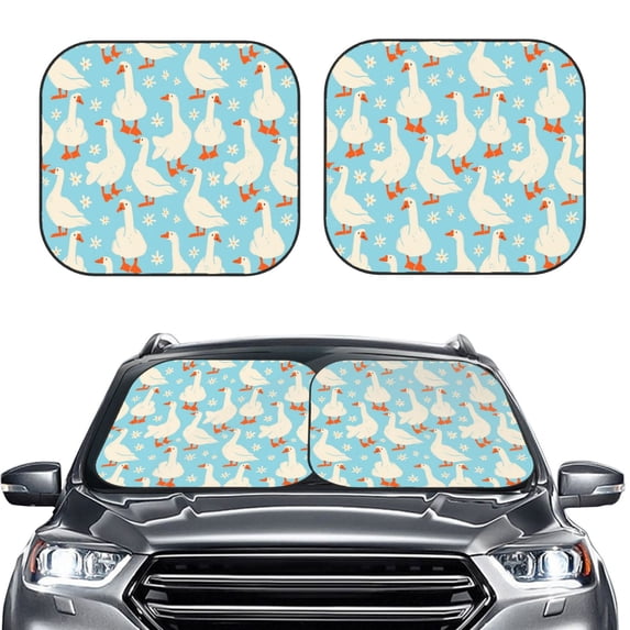 Uemuo White Geese and Flower Printed 2 PCS Car Windshield Sun Shade, Auto Sun Heat and UV Rays Blocker, Foldable Automotive Front Window Sunshade Protector