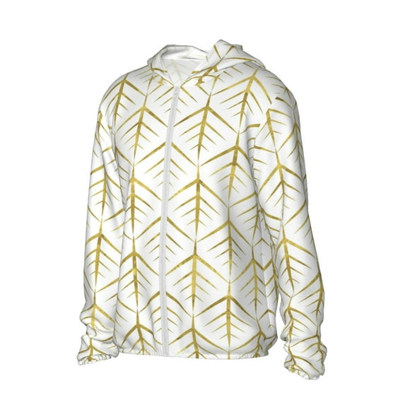 Uemuo White And Gold Geometry Pattern Women's Full Zip UPF 50+ Sun Protection Hoodie Jacket Long Sleeve Sun Shirt Hiking Outdoor Performance with Pockets-Medium