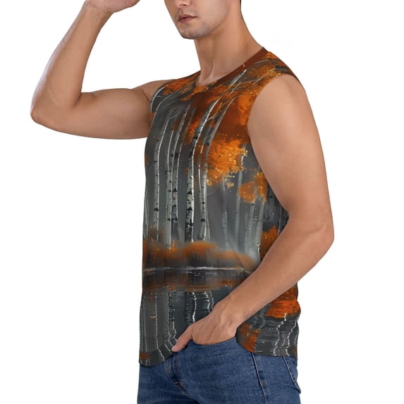 Uemuo White Horse Autumn Birch Pattern Men's Sleeveless T-Shirt,Muscle Athletic Tank Top, Moisture-wicking Quick-dry Breathable Classic Tee Top for Gym Run Outdoor Sports-X-Large