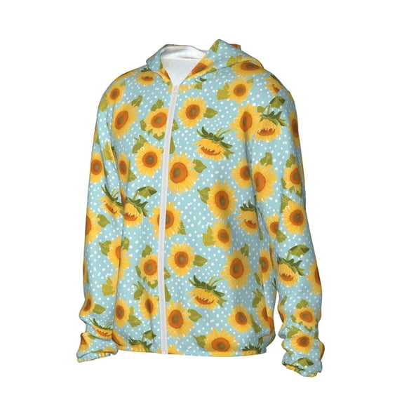 Uemuo White Polka Dot Sunflower A Pattern Women's Full Zip UPF 50+ Sun Protection Hoodie Jacket Long Sleeve Sun Shirt Hiking Outdoor Performance with Pockets-