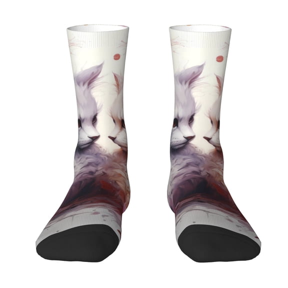 Uemuo White Red Cat Couple Pattern Women's Crew Socks, Soft Durable Breathable Moisture-Wicking with Odor Control Cotton socks