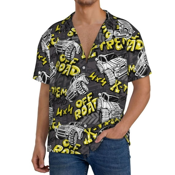 Uemuo White Retro Off-Road Vehicle Pattern Cotton Linen Short Sleeve Shirts,Casual Lightweight Button Down Shirts,Vacation Beach Summer Tops-Large