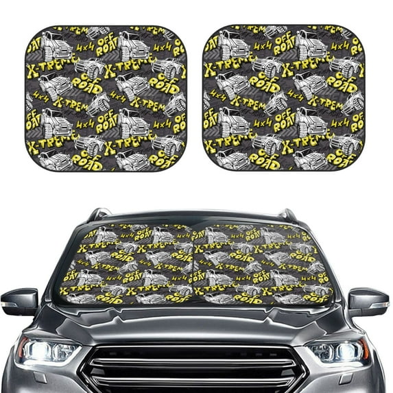 Uemuo White Retro Off-Road Vehicle Printed 2 PCS Car Windshield Sun Shade, Auto Sun Heat and UV Rays Blocker, Foldable Automotive Front Window Sunshade Protector