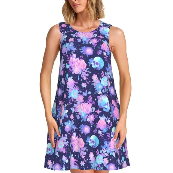 Uemuo White Skull Flower Pattern Women’s Sleeveless Dress – Casual Summer A-Line Dress, Stylish and Comfortable Sundress for Hot Weather