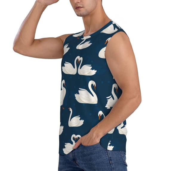 Uemuo White Swam Pattern Men's Sleeveless T-Shirt,Muscle Athletic Tank Top, Moisture-wicking Quick-dry Breathable Classic Tee Top for Gym Run Outdoor Sports-