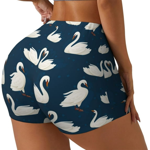 Uemuo White Swam Pattern Women Workout Impact Shorts Scrunch Butt Lifting Gym Shorts Seamless Booty Biker Shorts-Medium
