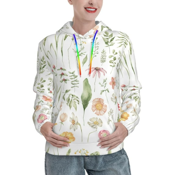 Uemuo Wildflower Watercolor 2 Pattern Women's Hoodie with Eye-catching Drawstrings- Casual Pullover Hoodie with Kangaroo Pocket, Stylish Hooded Sweatshirt-XX-Large