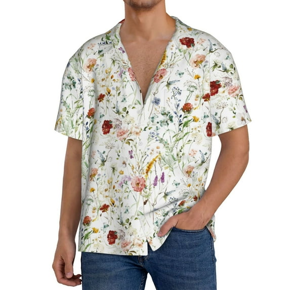 Uemuo Wildflower Watercolor Pattern Cotton Linen Short Sleeve Shirts,Casual Lightweight Button Down Shirts,Vacation Beach Summer Tops-Large