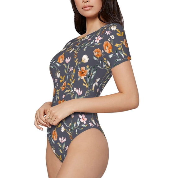 Uemuo Wildflowers Pattern Women's One Piece Short Sleeve Swimsuit Rash Guard Surfing Modest Quick-drying Swimsuit Beach Essentials-Medium