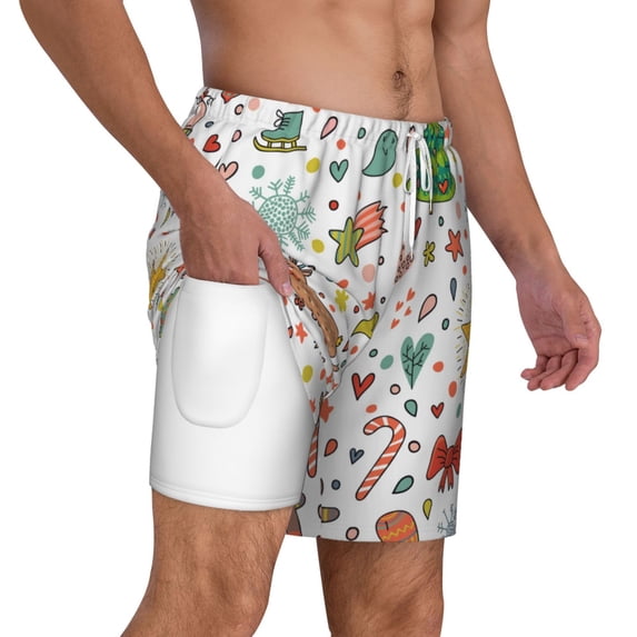 Uemuo Winter Christmas And New Year Deer Pattern Mens Swim Trunks Quick Dry Board Shorts with Mesh Lining, Stretch Beach Shorts Quick Dry No-Chafing Board Shorts-X-Large
