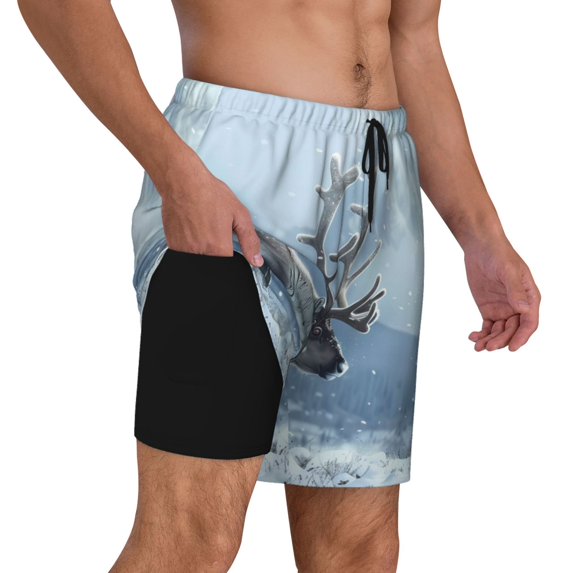 Uemuo Winter Reindeer In Snowy Mountains Pattern Mens Swim Trunks Quick Dry Board Shorts with Mesh Lining, Stretch Beach Shorts Quick Dry No-Chafing Board Shorts-X-Large