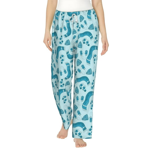 Uemuo Winter Warmth Blue Knitted Pattern Women's Wide Leg Palazzo Lounge Pants with Pockets Light Weight Loose Comfy Casual Pajama Pants-Large