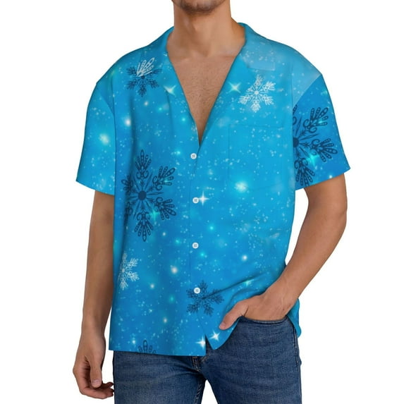 Uemuo Winter With Snowflakes Pattern Cotton Linen Short Sleeve Shirts,Casual Lightweight Button Down Shirts,Vacation Beach Summer Tops-X-Large
