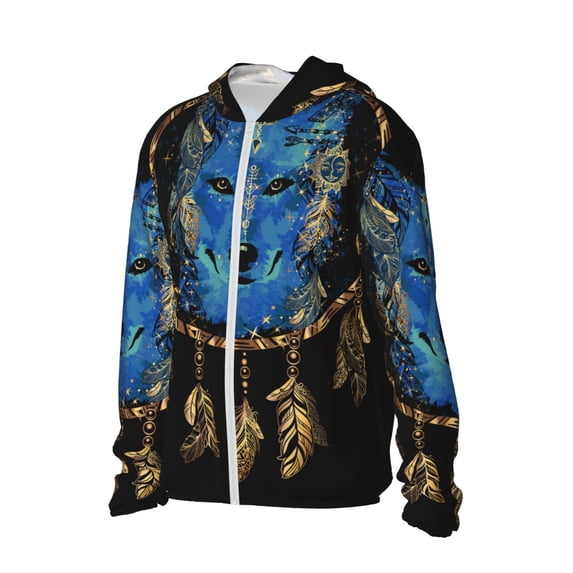 Uemuo Wolf Head And Dreamcatcher Pattern Women's Full Zip UPF 50+ Sun Protection Hoodie Jacket Long Sleeve Sun Shirt Hiking Outdoor Performance with Pockets-